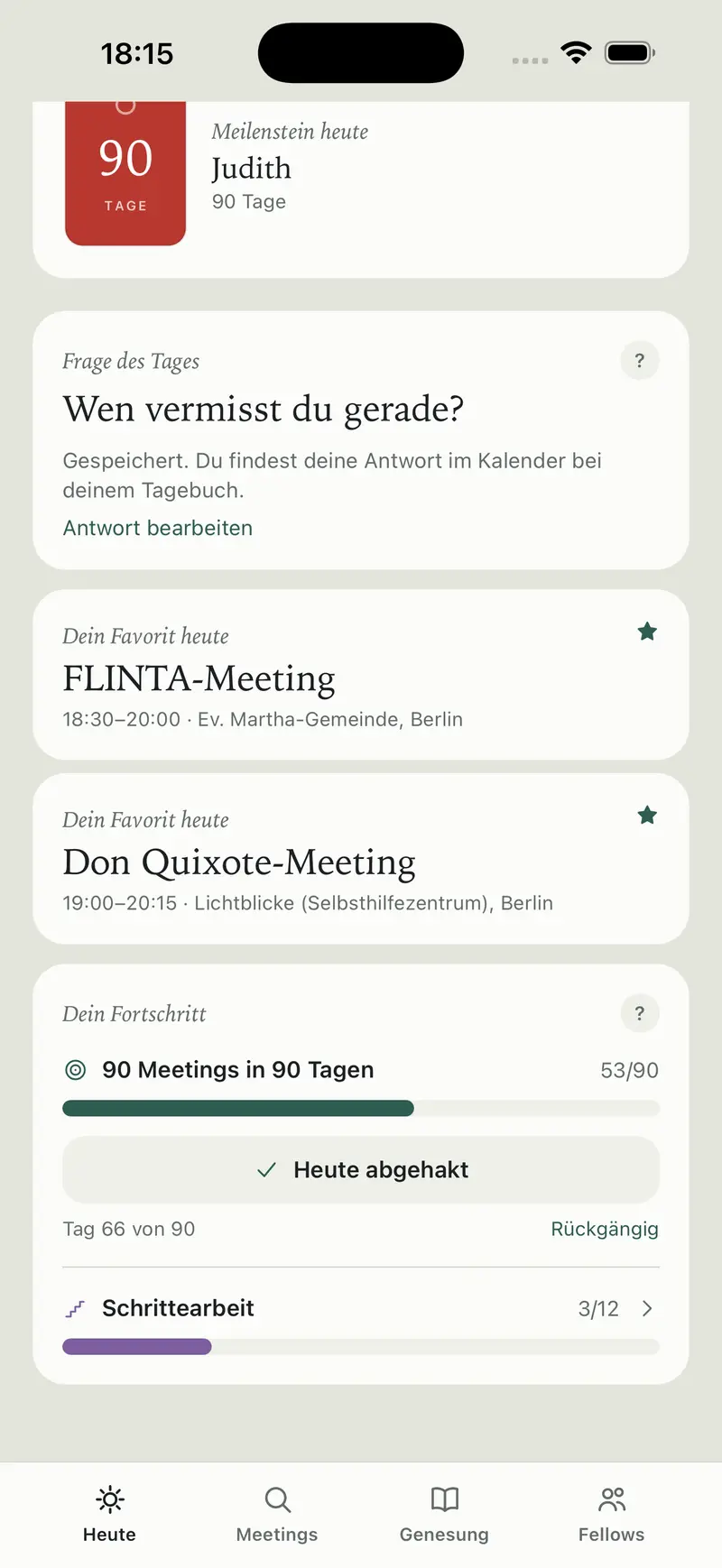 Der Heute-Bildschirm mit deinem Fortschritt und der Frage des Tages