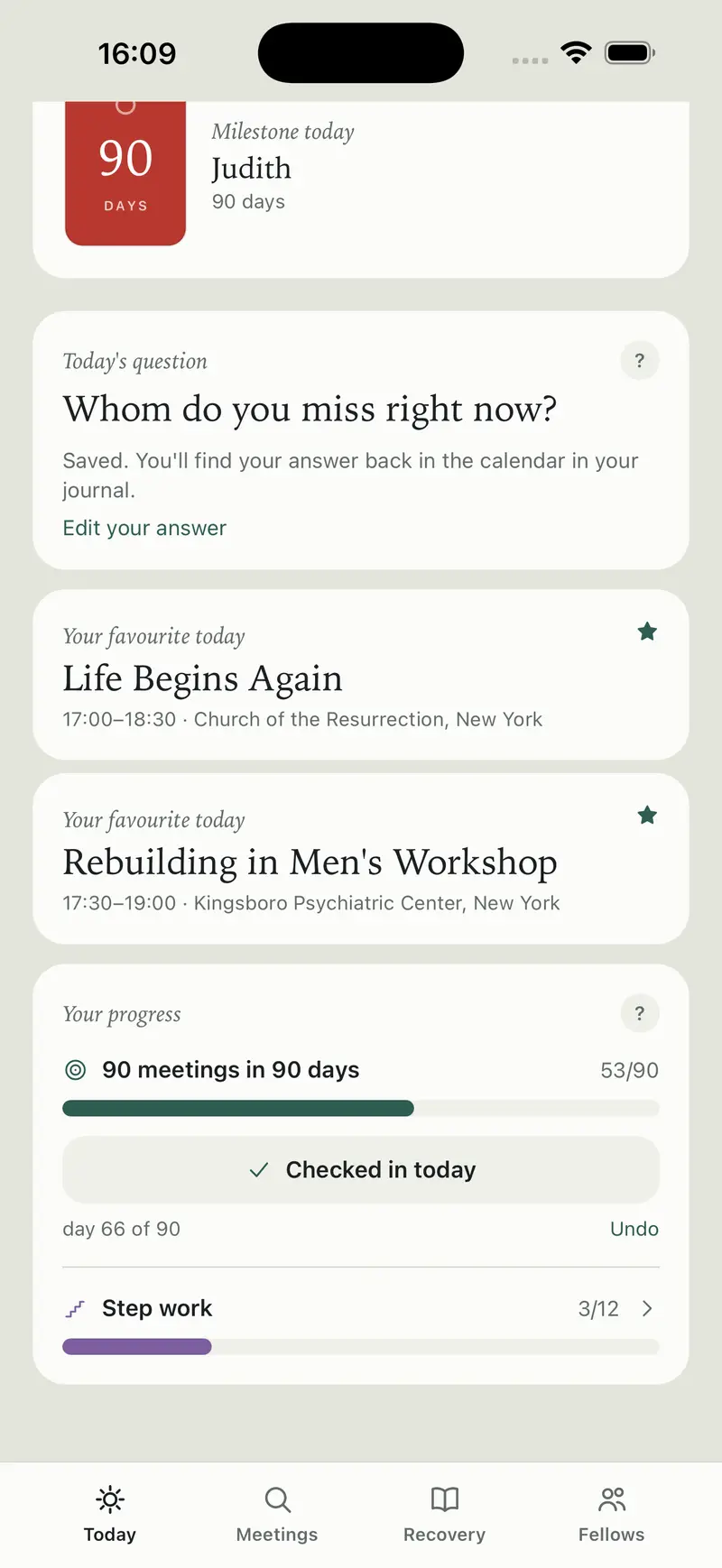 The Today screen with your progress and today's question