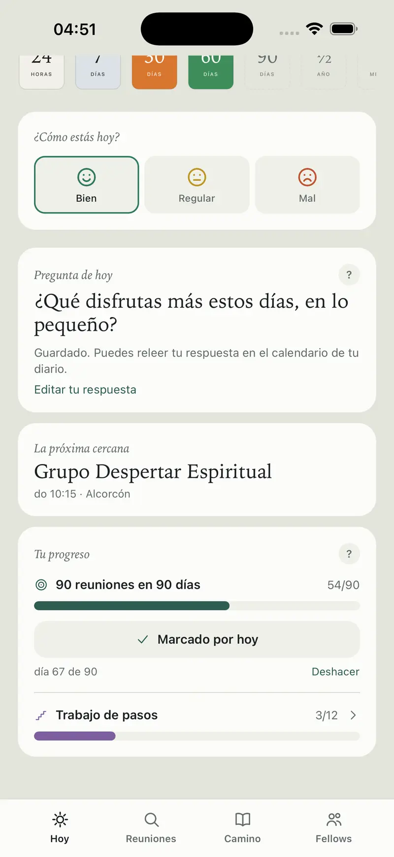 La pantalla Hoy con tu progreso y la pregunta de hoy