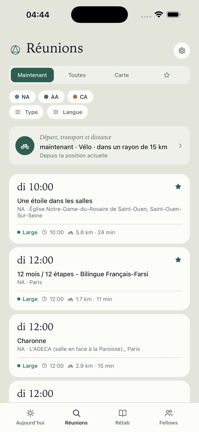 Les réunions que tu peux encore rejoindre, avec le temps de trajet