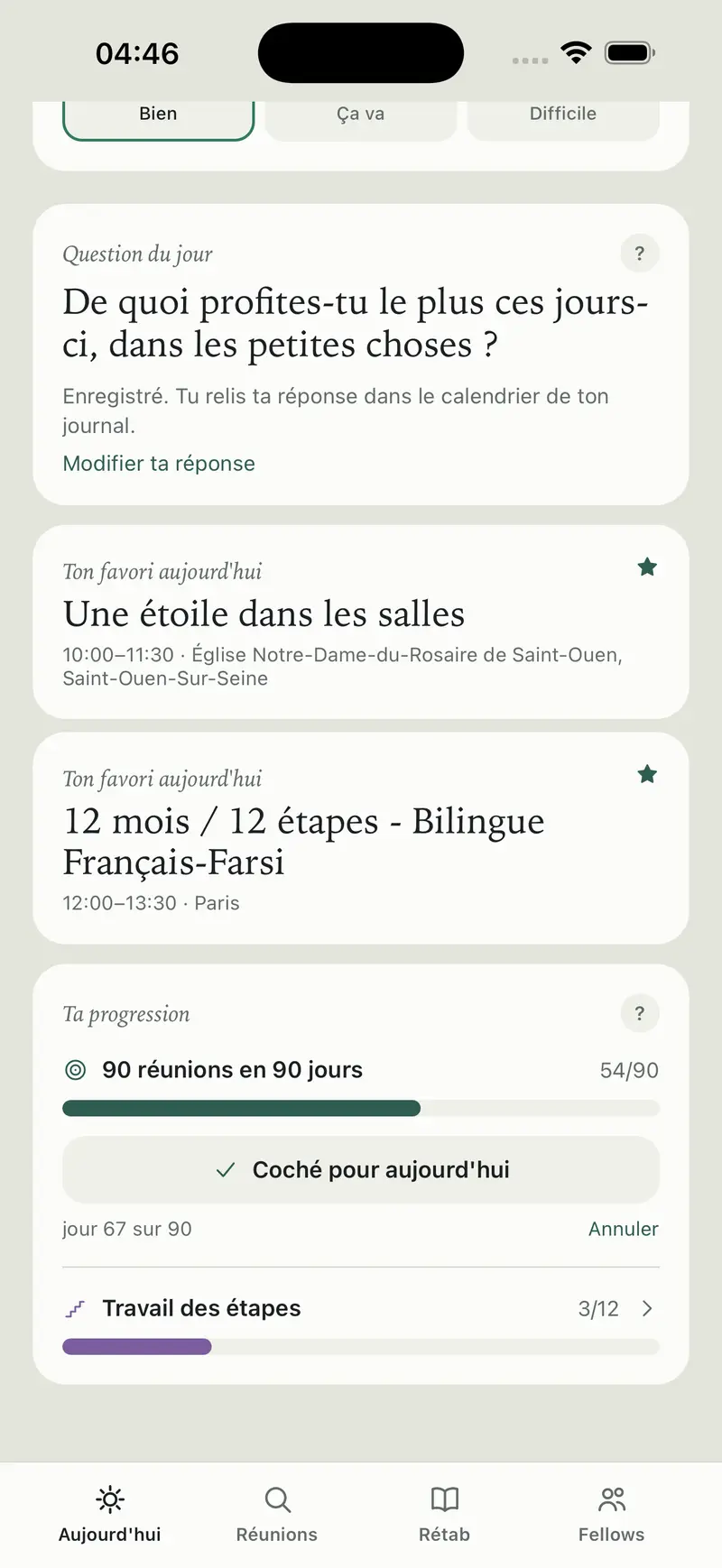 L'écran Aujourd'hui avec ta progression et la question du jour