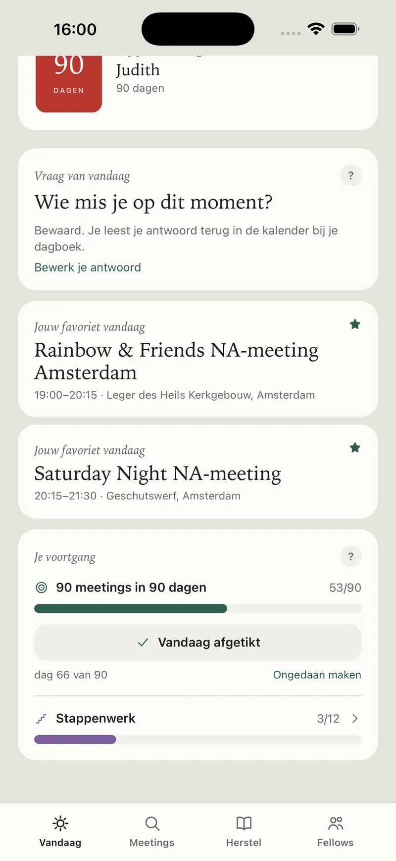 Het Vandaag-scherm met je voortgang en de vraag van vandaag